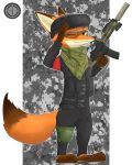  2017 3_toes 4_fingers anthro armband armor barefoot biped brown_body brown_fur canid canine dipstick_ears dipstick_tail disney eyewear fingers fox fur gesture gun headgear helmet hi_res holding_gun holding_object holding_weapon knee_pads male mammal multicolored_ears multicolored_tail nick_wilde one_eye_closed orange_body orange_fur outline ranged_weapon salute silencer smile solo standing swetpot toes weapon wink zootopia 