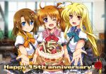  3girls anniversary artist_name birthday_cake blonde_hair blue_eyes blurry brown_hair cake depth_of_field fate_testarossa food hair_ornament lens_flare long_hair looking_at_viewer lyrical_nanoha mahou_shoujo_lyrical_nanoha_strikers matching_outfit multiple_girls one_eye_closed ponytail purple_eyes red_eyes san-pon short_hair smile takamachi_nanoha vivid_strike! waitress wax_seal x_hair_ornament yagami_hayate 