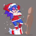  2019 anthro big_breasts blue_body blue_skin breasts christmas clothing crossgender curvy_figure duo eulipotyphlan female fupoo gift green_eyes hedgehog holidays hourglass_figure lipstick makeup mammal simple_background sonic_the_hedgehog sonic_the_hedgehog_(series) 