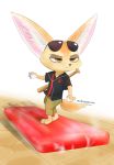  2017 anthro baseball_bat bat_(object) black_nose bottomwear brown_eyes canid canine clothed clothing disney eyewear fennec finnick food fox fully_clothed fur inner_ear_fluff mammal pants popsicle shirt simple_background solo sunglasses swetpot tan_body tan_fur topwear tuft white_background zootopia 
