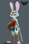  2017 armor clothed clothing cosplay crossover crossover_cosplay dipstick_ears disney fully_clothed fur grey_background grey_body grey_fur holding_object holding_weapon judy_hopps lagomorph leporid light lighting mammal melee_weapon multicolored_ears purple_eyes rabbit shield simple_background standing swetpot sword toeless_legwear weapon wonder_woman zootopia 