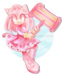  2015 alpha_channel alternate_costume alternate_hairstyle amy_rose anthro boots bracelet clothing dress eulipotyphlan female flower footwear fur hammer hedgehog hi_res holding_object holding_weapon jewelry mammal piko_piko_hammer pink_body pink_clothing pink_dress pink_fur plant rose_(flower) simple_background solo sonic_the_hedgehog_(series) spacecolonie tools transparent_background weapon 