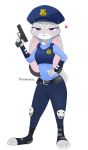  &lt;3 2017 anthro belt clothed clothing dipstick_ears disney ears_down female fully_clothed fur grey_body grey_fur half-closed_eyes holding_gun holding_object holding_weapon judy_hopps lagomorph leporid mammal multicolored_ears narrowed_eyes pivoted_ears police_uniform pose purple_eyes rabbit simple_background solo standing swetpot uniform weapon white_background zootopia 