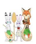  2017 3_toes 4_fingers anthro barefoot big_ears blue_eyes bottomwear brown_body brown_eyes brown_fur canid canine clothed clothing crossed_arms dipstick_ears disney female fennec fingers finnick fox fur gloves_(marking) grass_skirt green_eyes grey_body grey_fur group hand_on_hip hi_res holding_object hook jack_savage judy_hopps lagomorph leporid long_ears looking_at_viewer male mammal markings midriff moana moana_waialiki multicolored_ears nick_wilde purple_eyes rabbit simple_background sitting skirt smile standing swetpot tattoo toes topless tube_top white_background white_body white_fur zootopia 