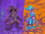  amphibian bottomless clothed clothing contrasting_weather fancy_clothing fmirsokp hat headgear headwear heat_(weather) herpestid lizard looking_at_another male mammal meerkat nude puddle raining reptile scalie titash_(character) wet wizard_hat 