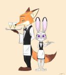  2016 alternate_version_at_source anthro beverage bow_tie canid canine clothed clothing disney duo female fox fur green_eyes hi_res judy_hopps lagomorph leporid male mammal nick_wilde purple_eyes rabbit simple_background size_difference swetpot tan_background tray waiter zootopia 