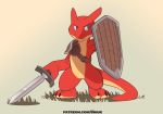  2019 3_toes ambiguous_gender anthro armor barefoot biped black_claws blue_eyes bottomless breastplate claws clothed clothing digital_drawing_(artwork) digital_media_(artwork) fingers front_view grass grey_background holding_object holding_shield holding_sword holding_weapon kobold looking_away melee_weapon paws red_body red_skin shield shiuk shoulder_guards simple_background solo standing sword text toes topwear url weapon 