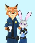  2016 anthro beverage canid canine clothed clothing disney disposable_cup duo female fox fur gloves_(marking) green_eyes hand_on_hip hand_on_shoulder hi_res holding_object inner_ear_fluff judy_hopps lagomorph leporid male mammal markings necktie nick_wilde police_badge police_uniform portrait purple_eyes rabbit simple_background size_difference smile swetpot three-quarter_portrait tuft uniform zootopia 