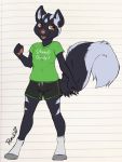  5_fingers anthro big_tail clothed clothing cub digitigrade fingerpads fingers fluffy fluffy_tail fully_clothed gym_shorts humor joke legwear lemmy_(lemmy_niscuit) male mammal markings mephitid pomela_(artist) shirt skunk smile socks spotted_skunk topwear young 