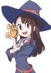  1girl :d animal animalization bangs belt blue_headwear blue_neckwear brown_hair dual_persona flat_color from_side half_updo hands_together hands_up hat holding holding_animal kagari_atsuko little_witch_academia long_hair long_sleeves looking_at_viewer luna_nova_school_uniform midiman mouse open_mouth pink_eyes round_teeth school_uniform smile swept_bangs tareme teeth transparent_background upper_body upper_teeth v wide_sleeves witch_hat 