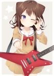 1girl ;) bang_dream! bangs blush bow brown_dress brown_hair closed_mouth collarbone cowboy_shot dress electric_guitar eyebrows_visible_through_hair grey_background guitar hair_ornament hanasakigawa_school_uniform hand_up highres index_finger_raised instrument komomo_(ptkrx) long_sleeves looking_at_viewer ok_sign one_eye_closed outstretched_arm pleated_dress purple_eyes red_bow sailor_collar sailor_dress school_uniform smile solo star star_hair_ornament starry_background toyama_kasumi two-tone_background white_background white_sailor_collar 