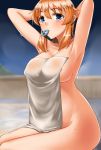  1girl adjusting_hair areola_slip areolae armpits arms_behind_head arms_up blue_eyes blush breasts brown_hair charlotte_e_yeager cleavage collarbone eyebrows_visible_through_hair highres hiroshi_(hunter-of-kct) large_breasts long_hair looking_at_viewer naked_towel night onsen outdoors shiny shiny_hair sky solo strike_witches sweat towel world_witches_series 
