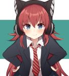  &gt;:) 1girl animal_ears bang_dream! bangs black_jacket blazer blue_eyes blush brown_hair cat_ear_headphones cat_ears chu2_(bang_dream!) closed_mouth collared_shirt diagonal-striped_neckwear diagonal_stripes eyebrows_visible_through_hair fake_animal_ears green_background hair_between_eyes hands_on_hips headphones jacket komomo_(ptkrx) long_hair long_sleeves looking_at_viewer necktie open_blazer open_clothes open_jacket red_neckwear shirt smile solo striped striped_neckwear two-tone_background upper_body v-shaped_eyebrows very_long_hair white_background white_shirt 