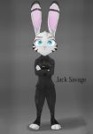  2016 alternate_version_at_source anthro black_stripes blue_eyes clothed clothing crossed_arms disney ear_markings facial_markings full-length_portrait fully_clothed fur grey_background grey_body grey_fur head_markings head_tuft inner_ear_fluff jack_savage lagomorph leporid mammal markings necktie portrait rabbit simple_background solo standing stripes suit swetpot tuft zootopia 