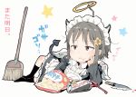  1girl alternate_costume ano_ko_wa_toshi_densetsu apron arm_support bag_of_chips black_dress black_legwear blush broom brown_eyes brown_hair bug_spray collared_dress demon_horns demon_tail dress enmaided fake_halo fake_horns feathered_wings flower food food_on_face full_body gomennasai grey_background hair_flower hair_ornament hairclip horns juliet_sleeves kitchen_knife kneehighs long_sleeves maid maid_apron maid_headdress mini_wings no_shoes orange_flower parted_lips puffy_sleeves sidelocks simple_background sleeves_past_wrists solo star tail translated white_apron white_wings wings zangyaku-san 