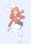  2020 4_toes 5_fingers abbi_(kilinah) anthro braided_hair clothed clothing female fingers freckles green_eyes hair hi_res lagomorph leporid mammal open_mouth orange_hair pigtails rabbit rishi-chan simple_background solo toes 