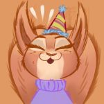  1:1 2019 ambiguous_gender anthro brown_background bust_portrait clothed clothing eyes_closed hat headgear headwear juantriforce042 low_res mammal open_mouth open_smile party_hat portrait rodent sciurid simple_background smile solo sweater topwear 