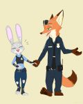  2016 anthro barefoot bottomwear canid canine chest_tuft clothed clothing disney duo fox fully_clothed fur grey_body grey_fur hand_holding hi_res inner_ear_fluff judy_hopps lagomorph leporid looking_at_another mammal neck_tuft necktie nick_wilde open_mouth open_smile orange_body orange_fur pants police_uniform rabbit red_fox shirt simple_background smile swetpot topwear tuft uniform walking yellow_background zootopia 