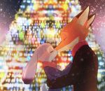  2018 anthro anthro_on_anthro blurred_background canid canine clothed clothing dipstick_ears disney duo eyes_closed fox fur grey_body grey_fur judy_hopps kissing lagomorph leporid mammal multicolored_ears nick_wilde orange_body orange_fur rabbit red_fox scarf side_view sparkles swetpot zootopia 