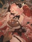  1girl absurdres animal_ears arm_up black_gloves black_ribbon blue_eyes detached_sleeves fur_trim garter_straps gloves granblue_fantasy hair_over_one_eye half_gloves highres horn_ornament horns merry_christmas narmaya_(granblue_fantasy) pink_hair ribbon santa_costume sleeveless_bodysuit smile snowflakes snowman_hair_ornament thighhighs tsuiru 