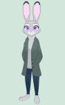  2017 anthro barefoot clothed clothing dipstick_ears disney fully_clothed fur green_background grey_body grey_fur hands_in_pockets judy_hopps lagomorph leporid looking_at_viewer mammal multicolored_ears pockets purple_eyes rabbit simple_background solo standing swetpot zootopia 