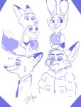  2017 absurd_res anthro blue_and_white canid canine cheek_tuft clothed clothing coat dipstick_ears disney duo facial_tuft fluffy fox grin hi_res inner_ear_fluff juantriforce042 judy_hopps lagomorph leporid mammal monochrome multicolored_ears necktie nick_wilde police_uniform rabbit red_fox shirt smile sparkles tongue tongue_out topwear tuft uniform zootopia 