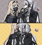  ? ak-12_(girls_frontline) an-94_(girls_frontline) aqua_eyes bangs braid creepy_himecchi english_commentary eyebrows_visible_through_hair gas_mask girls_frontline gloves hair_ribbon hairband jacket jacket_on_shoulders licking long_hair long_sleeves looking_at_another looking_at_viewer mask_around_neck outline partly_fingerless_gloves pink_hair ribbon st_ar-15_(girls_frontline) upper_body yuri 