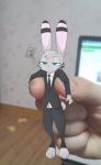  2017 annoyed anthro black_stripes blue_eyes clothed clothing cross-popping_vein disney duo ear_markings facial_markings fully_clothed fur grey_body grey_fur head_markings head_tuft holding_character jack_savage lagomorph leporid mammal markings necktie photo_background rabbit stripes suit swetpot tuft vein zootopia 