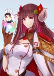  2girls animal_ears azur_lane bangs black_gloves blue_background brown_eyes brown_hair bunny_ears commentary_request curled_horns eyebrows_visible_through_hair flower gloves hair_flower hair_ornament hairband highres horns jacket jacket_on_shoulders long_hair looking_at_viewer marshall2033 minigirl multiple_girls purple_eyes red_flower shimakaze_(azur_lane) simple_background suruga_(azur_lane) upper_body white_hair 