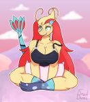  2019 3_toes antennae_(anatomy) anthro anthrofied big_breasts breasts cleavage clothed clothing crossed_legs fangs female freckles front_view green_eyes hair half-closed_eyes huge_breasts legwear mammal marine mila_(snackbunnii) milotic narrowed_eyes nintendo open_mouth pillow pok&eacute;mon pok&eacute;mon_(species) shirt sitting smile snackbunnii socks solo toes tongue topwear video_games 