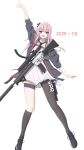 1girl :d absurdres ar-15 asymmetrical_legwear black_footwear black_jacket black_legwear black_neckwear character_name eyebrows_visible_through_hair girls_frontline gun highres jacket kneehighs looking_at_viewer multicolored_hair necktie open_mouth pink_hair purple_eyes rifle rynn_(user_rkgs8583) side_ponytail simple_background single_thighhigh smile solo st_ar-15_(girls_frontline) streaked_hair thighhighs weapon white_background 