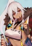  1girl azur_lane bangs black_gloves blue_background bodypaint breasts crossed_bangs dark_skin eating facepaint facial_mark fingerless_gloves food gloves hair_between_eyes highres long_hair looking_at_viewer marshall2033 medium_breasts minneapolis_(azur_lane) native_american pocky ponytail red_eyes revealing_clothes simple_background solo underboob upper_body white_hair 