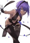  1girl bangs bare_shoulders belt between_fingers black_gloves black_hairband black_legwear black_leotard breasts center_opening dark_skin fate/prototype fate/prototype:_fragments_of_blue_and_silver fate_(series) gloves hair_between_eyes hairband hassan_of_serenity_(fate) highres karlwolf kunai leaning_forward leggings leotard looking_at_viewer medium_breasts navel petals pouch purple_eyes purple_hair short_hair simple_background solo thighs weapon white_background 