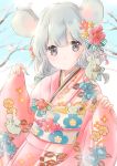  1girl :o animal animal_ears animal_on_shoulder arms_up bangs blue_sky blurry blurry_background cloud commentary_request day depth_of_field eyebrows_visible_through_hair floral_print flower grey_eyes grey_hair hagoita hair_flower hair_ornament highres hoshiibara_mato japanese_clothes kimono leaning_back looking_at_viewer mouse mouse_ears mouse_on_shoulder obi original outdoors paddle pink_kimono sash short_hair sky sleeves_past_wrists solo tree_branch 