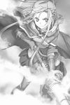  1girl abec asuna_(sao) cape closed_mouth fingerless_gloves floating_hair frown gloves greyscale highres holding holding_weapon lance long_hair long_sleeves miniskirt monochrome novel_illustration official_art pleated_skirt polearm skirt solo stance sword_art_online thighhighs v-shaped_eyebrows very_long_hair weapon zettai_ryouiki 