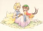 2girls acrylic_paint_(medium) all_fours alternate_color animal_ear_fluff animal_ears artist_request bangs blonde_hair bobby_socks brown_eyes brown_hair cat_ears cat_tail chen chinese_clothes circle closed_mouth commentary_request container dated dress elbow_sleeve eyebrows_visible_through_hair food fox_ears fox_tail frilled_sleeves frills full_body gradient gradient_background grass hair_between_eyes holding holding_food in_container jewelry looking_at_viewer looking_back looking_to_the_side mandarin_collar mouth_hold multiple_girls multiple_tails no_hat no_headwear no_pants no_shoes orange_bloomers orange_shirt pink_dress red_vest ribbon shirt short_hair short_sleeves single_earring sitting socks tabard tail taiyaki touhou traditional_media two_tails vest wagashi watercolor_(medium) white_legwear yakumo_ran yellow_eyes yellow_neckwear yellow_ribbon 