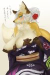  ambiguous_gender anthro blush breasts canid canine chest_tuft clothed clothing female feral fox fur fur_tuft hair inner_ear_fluff kadomarco kemono larger_anthro larger_female mammal multicolored_body multicolored_fur size_difference smaller_ambiguous smaller_feral tuft white_hair 