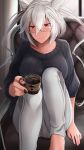  1girl absurdres alternate_costume black_nails black_sweater chair coffee coffee_mug collarbone commentary_request cup dark_skin glasses hair_between_eyes highres huge_filesize kantai_collection long_sleeves looking_at_viewer mug musashi_(kantai_collection) nail_polish pants red_eyes ribbed_sweater semi-rimless_eyewear short_hair silver-framed_eyewear sitting smile solo sweater two_side_up under-rim_eyewear white_hair white_pants yunamaro 