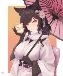  1girl animal_ears atago_(kantai_collection) azur_lane bangs black_gloves black_hair breasts check_character commentary eyebrows_visible_through_hair flower fox_ears gloves hair_flower hair_ornament highres holding holding_mouse holding_umbrella japanese_clothes kimono large_breasts long_hair long_sleeves looking_at_viewer mouse scarf smile_(dcvu7884) solo umbrella white_flower white_kimono 