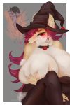  ambiguous_gender anthro black_nose blush border breasts canid canine clothed clothing duo female fur hair hat headgear headwear kadomarco looking_at_viewer mammal red_eyes tongue vore white_border witch_hat 