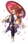  1boy animal_ears backless_outfit barefoot blonde_hair brown_eyes collar erune fox_boy fox_ears fox_tail gloves granblue_fantasy hair_ornament hair_over_one_eye highres holding holding_umbrella jjw1029 kou_(granblue_fantasy) large_tail long_hair low_ponytail male_focus off_shoulder open_mouth solo tail umbrella 