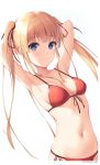  1girl absurdres arms_behind_head bikini blonde_hair blue_eyes breasts cowboy_shot hair_ribbon highres long_hair mr_arme multi-strapped_bikini red_bikini ribbon saenai_heroine_no_sodatekata sawamura_spencer_eriri side-tie_bikini simple_background small_breasts smile solo swimsuit twintails white_background 