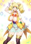  1girl :q \m/ areolae bangs black_legwear blonde_hair blunt_bangs breasts choker cleavage collarbone commentary_request cure_sparkle eyebrows_visible_through_hair gloves green_eyes hair_ornament hand_up healin&#039;_good_precure heart heart_hair_ornament hiramitsu_hinata joy_ride large_breasts magical_girl precure purple_choker short_hair solo standing thighhighs tongue tongue_out twintails white_gloves 
