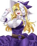  1girl :d arms_up bangs belt blonde_hair blush bow breasts brown_belt center_frills commentary_request cowboy_shot dress eyebrows_visible_through_hair fang hair_between_eyes hat hat_bow highres juliet_sleeves large_breasts long_hair long_sleeves looking_at_viewer open_mouth puffy_sleeves purple_bow purple_dress rihito_(usazukin) simple_background smile solo standing touhou watatsuki_no_toyohime white_background white_headwear yellow_eyes 