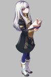  1girl blue_legwear book boots closed_mouth fire_emblem fire_emblem:_three_houses full_body garreg_mach_monastery_uniform grey_background high_heel_boots high_heels highres holding holding_book knee_boots kyarairo long_hair long_sleeves lysithea_von_ordelia open_book pink_eyes simple_background solo uniform white_hair 