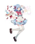  1girl arm_up blue_hair blush bow breasts brown_footwear cake eyebrows_visible_through_hair food full_body hair_bow holding holding_tray looking_at_viewer medium_breasts nagu neckerchief open_mouth original plate puffy_short_sleeves puffy_sleeves red_bow red_eyes red_neckwear short_hair short_sleeves slice_of_cake smile solo thighhighs tray upper_teeth v white_legwear wrist_cuffs 