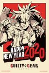  1boy 2020 arc_system_works commentary commission commissioner_upload copyright_name english_commentary forehead_protector grin guilty_gear guilty_gear_strive happy_new_year high_contrast higuchi_konomi huge_weapon male_focus new_year official_art over_shoulder ponytail smile sol_badguy solo spiked_hair sword sword_over_shoulder weapon weapon_over_shoulder 