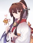  1girl arrow brown_eyes brown_hair cherry_blossoms eyebrows_visible_through_hair flower hair_flower hair_ornament hamaya headgear highres holding_arrow ieufg japanese_clothes kantai_collection kimono long_hair looking_at_viewer ponytail simple_background smile solo upper_body white_background yamato_(kantai_collection) 