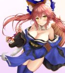  1girl animal_ear_fluff animal_ears bangs bare_shoulders blue_bow blue_kimono blue_legwear blue_sleeves blush bow breasts cleavage closed_mouth commentary_request detached_sleeves ema eyebrows_visible_through_hair fate/extra fate_(series) fou_(fate/grand_order) fox_ears fox_girl fox_tail gradient gradient_background hair_between_eyes hair_bow head_tilt highres holding japanese_clothes kimono large_breasts long_hair long_sleeves looking_at_viewer misui obi pink_background pink_hair purple_background sash sidelocks skindentation smile solo strapless tail tamamo_(fate)_(all) tamamo_no_mae_(fate) thighhighs twintails very_long_hair wide_sleeves yellow_eyes 