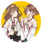  2girls absurdres ahoge blue_eyes brown_hair calligraphy_brush circle commentary_request detached_sleeves dokuganryuu double_bun face_painting flipped_hair green_skirt hairband headgear hiei_(kantai_collection) highres kantai_collection kongou_(kantai_collection) long_hair multiple_girls paintbrush purple_eyes ribbon-trimmed_sleeves ribbon_trim short_hair skirt yellow_background 